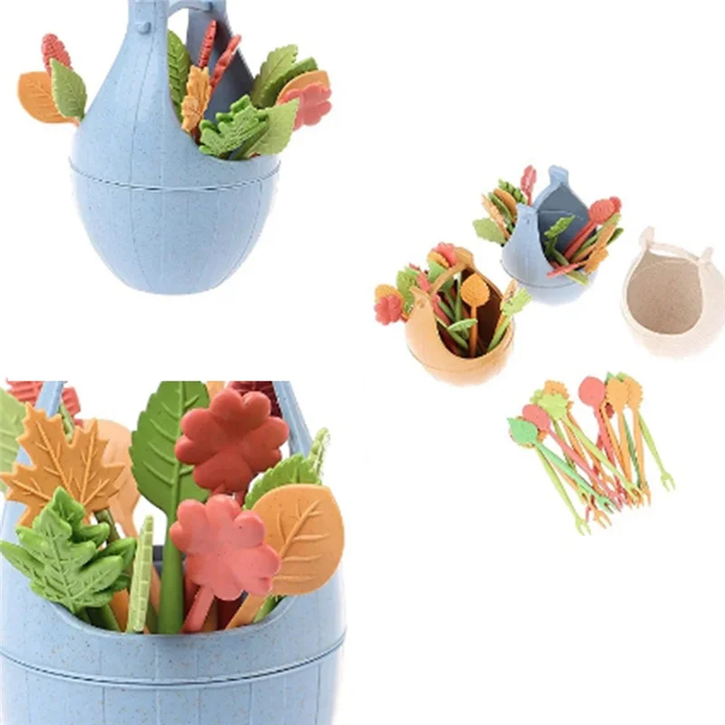 

Children's Wheat Straw Fruit Fork With Storage Bucket Bento Box Decorated Fruit Cocktail Dessert, Mini Toothpick-B09B