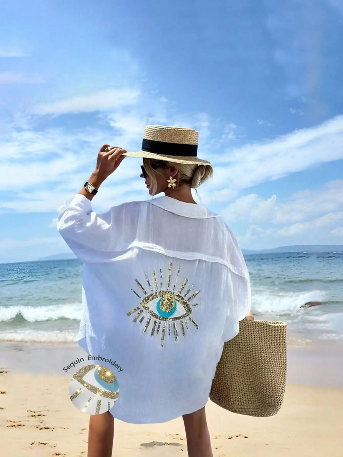 Strandjurk voor dames met oogborduurwerk met pailletten, losse pasvorm met lange mouwen voor de zomer