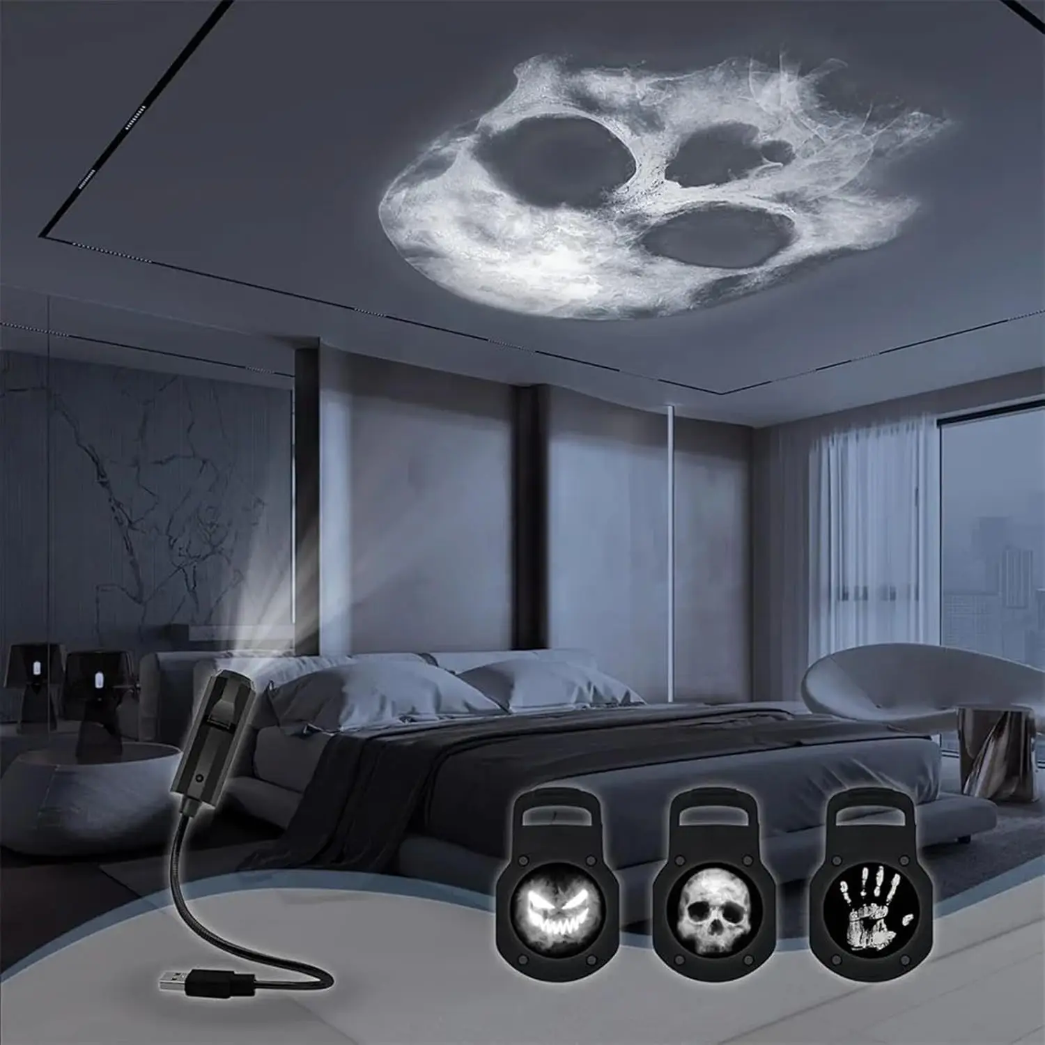 USB Halloween LED-Projektor-Licht Totenkopf-Geist Nachtlampe 360° °   Rotierende, umschaltbare Muster für gruselige Atmosphäre im dunklen Raum