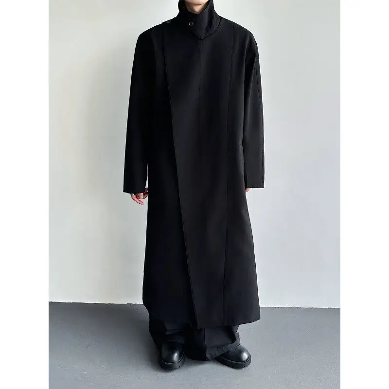 

Asymmetric Chinese Sle Men's Long Overcoat Knee-Length Stand Collar Zen Sle Suiting Fabric Stand Fit Spring Youth Faion