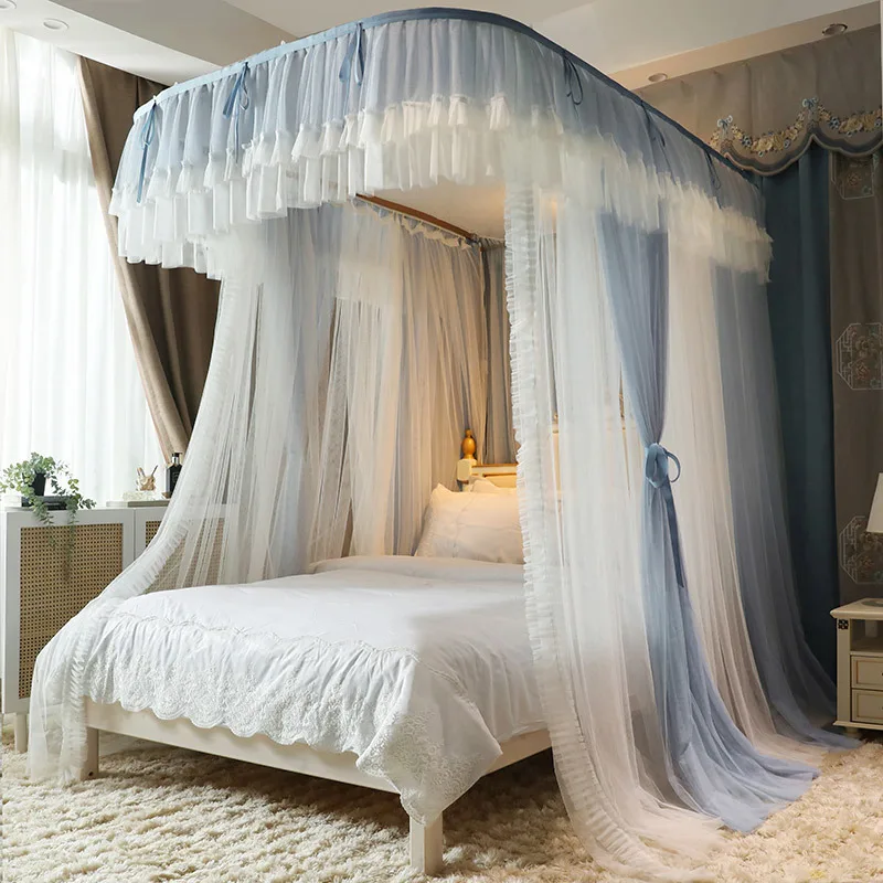 

Summer New Double Layer Yarn U-shaped Rail Floor Mounted Mosquito Net Palace Style Double Bed Three Door Bed Curtain