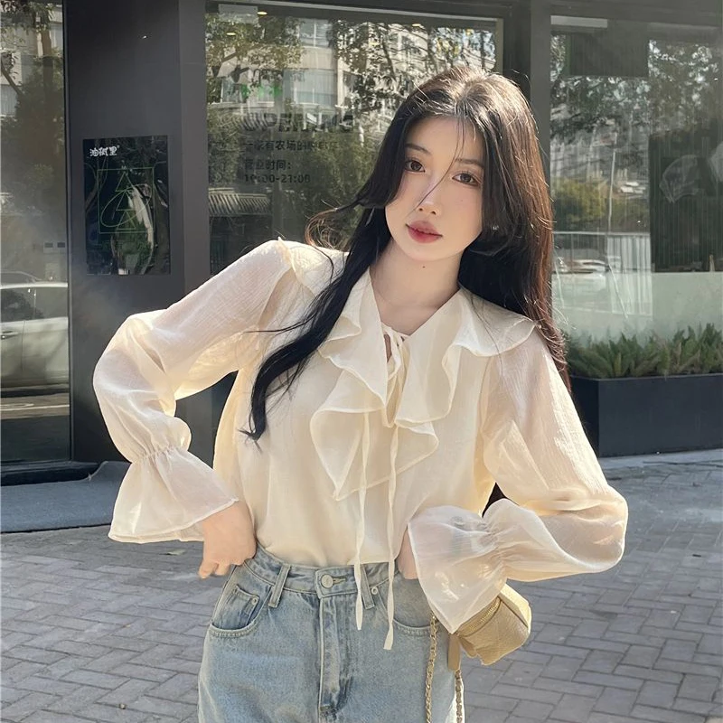 Women Shirt Korean Office Ladies Half Open Collar Pullover Blouse Summer Loose Sweet All Match Chic Solid Female Tops New