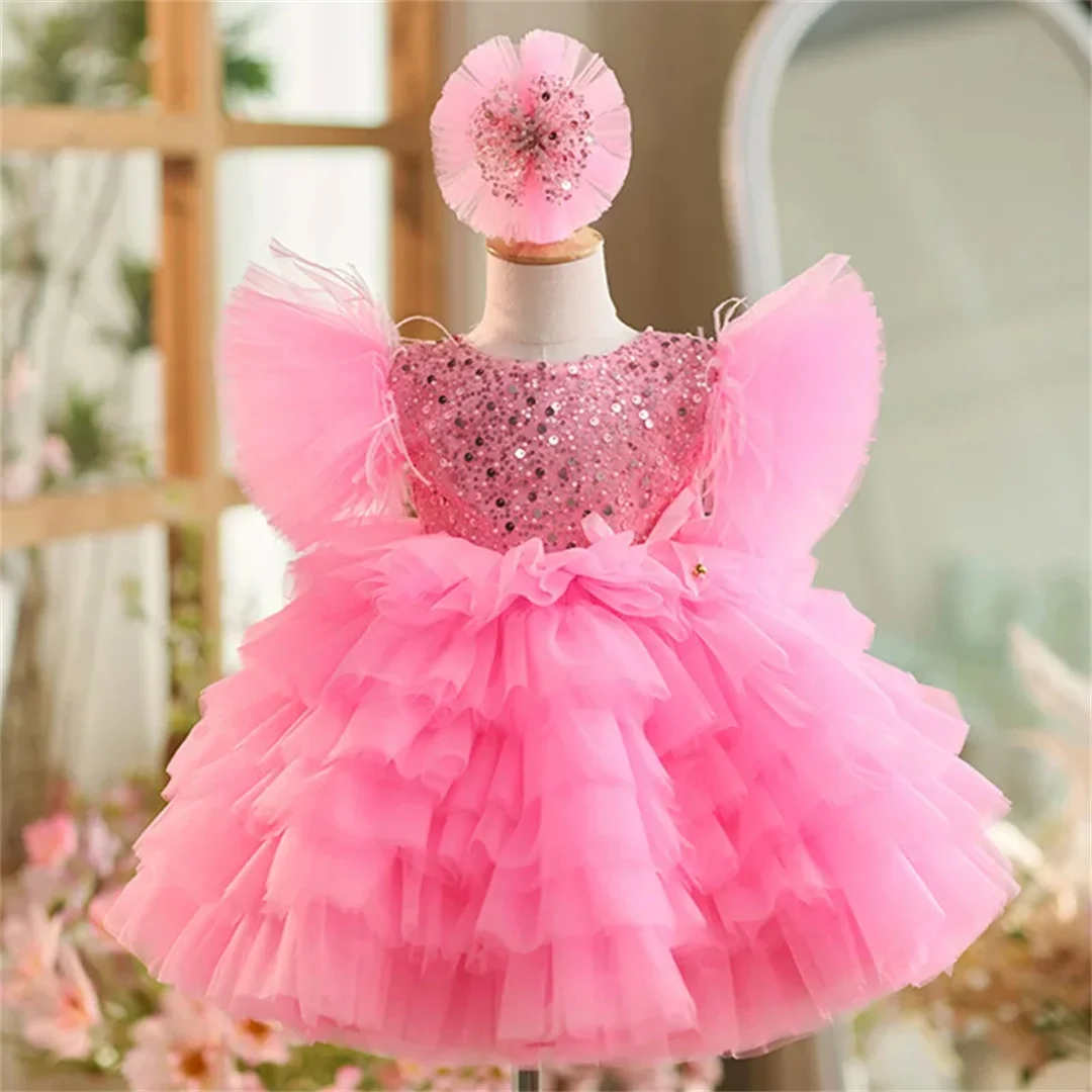 Light luxury gorgeous girl dress cute girl super glitter pinkyard skirt Little flying sleeve baby baby birthday party