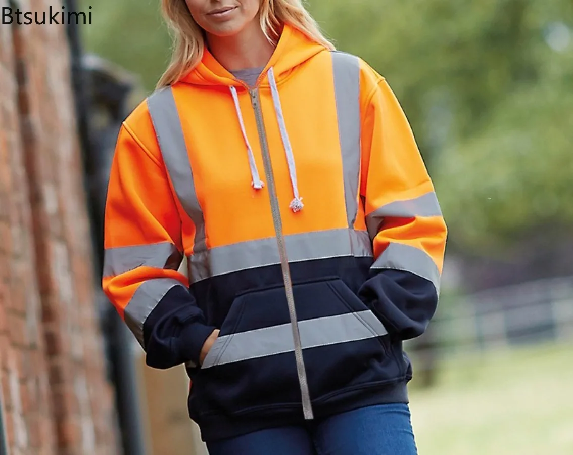 Reflective High Visibility Safety Hoodies Men and Women Long Sleeve Fleece Sweatshirts Fashion Colorblock Outdoor Work Clothes