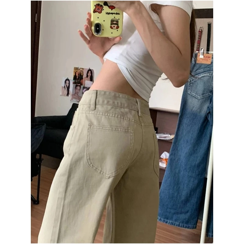 

American Retro Khaki Flared Jeans Women's Low Waist Loose Straight Leg Wide Leg Floor-Length Pants Autumn