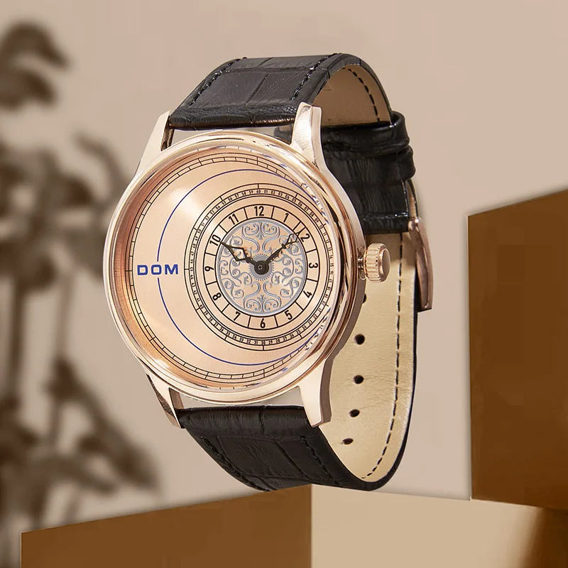 ساعة كوارتز رجالية أنيقة DOM 1582 بسيطة مقاومة للماء بحزام جلدي ساعة يد إبداعية كاجوال ساعات عمل للرجال