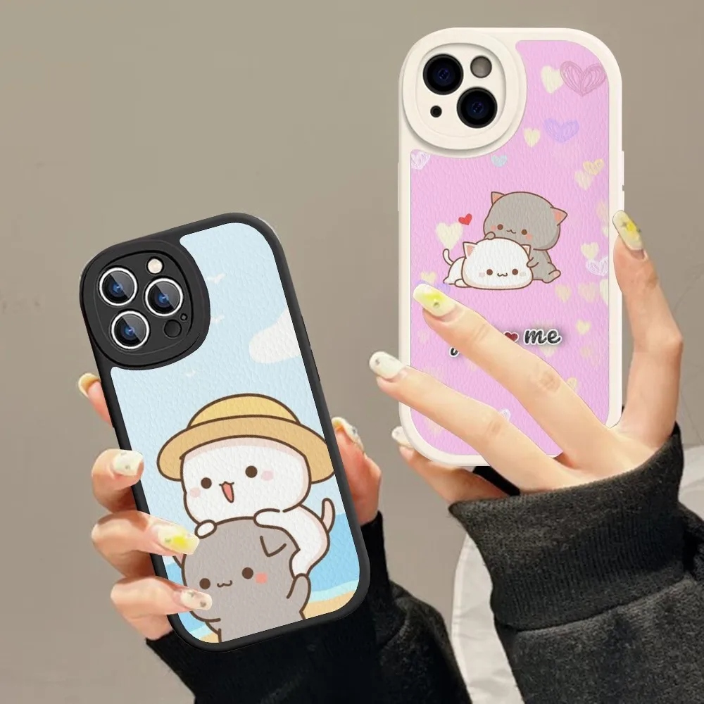 Couple Lovely Cute Gray Cat Phone Case Hard Leather For IPhone 16 15 14 13 12 Mini 11 14 Pro Max Xs X Xr 7 8 Plus Fundas