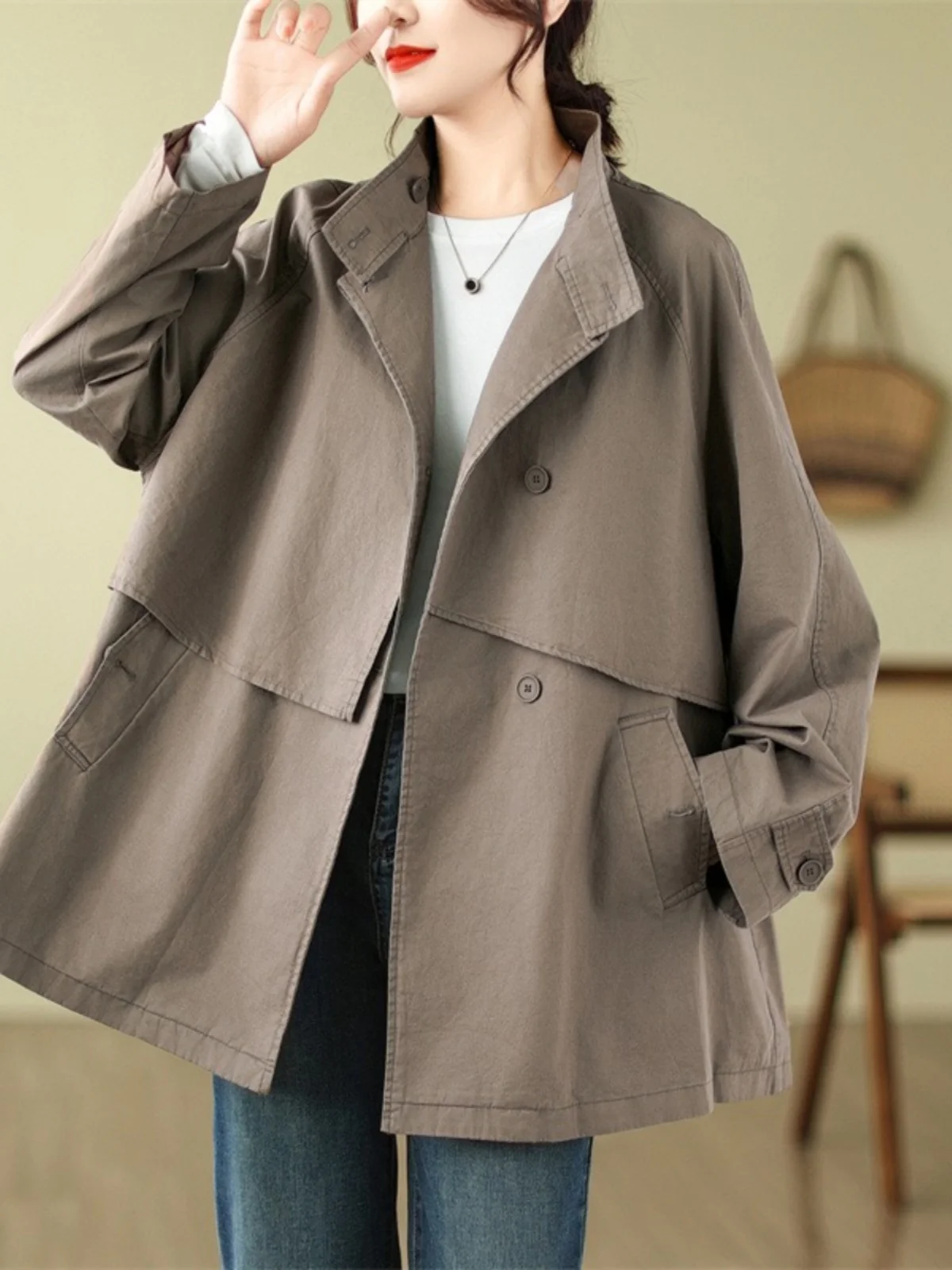 

Simple Faion Korean Sle Women's Workwear Coat Loose Long Sve Stand Collar Button Detail Pure Color Retro Commute