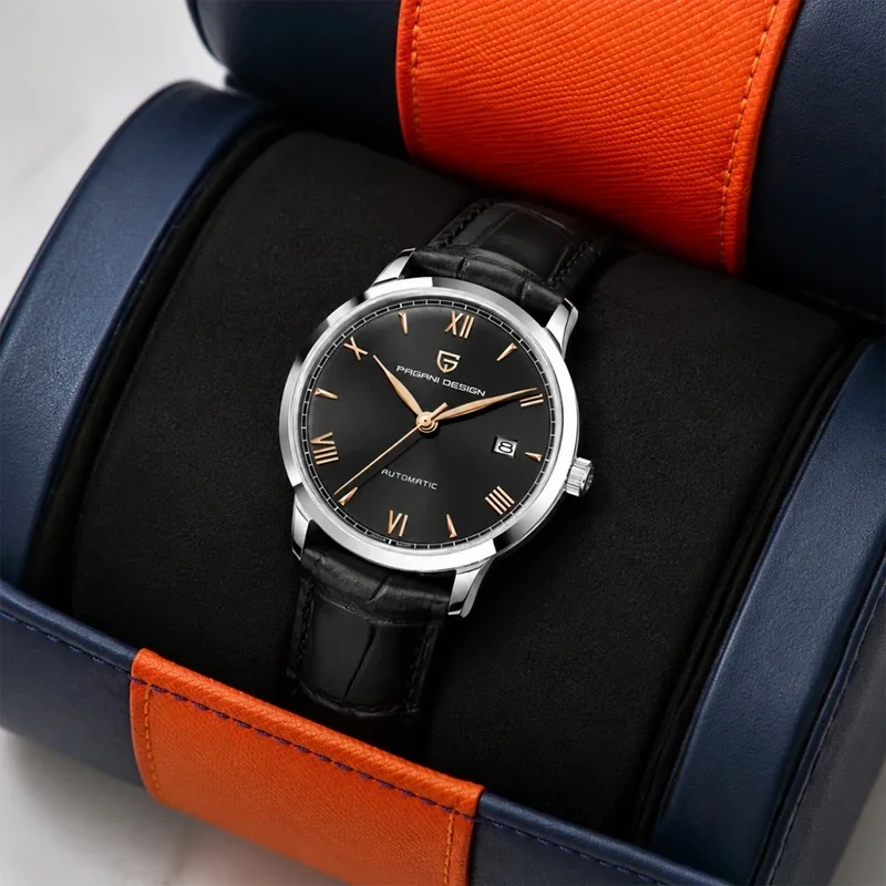 PAGANI DESIGN Men Automatic Watch Roman Numeral Black Dial Date Leather Strap Business Waterproof Mechanical Wristwatch for Men