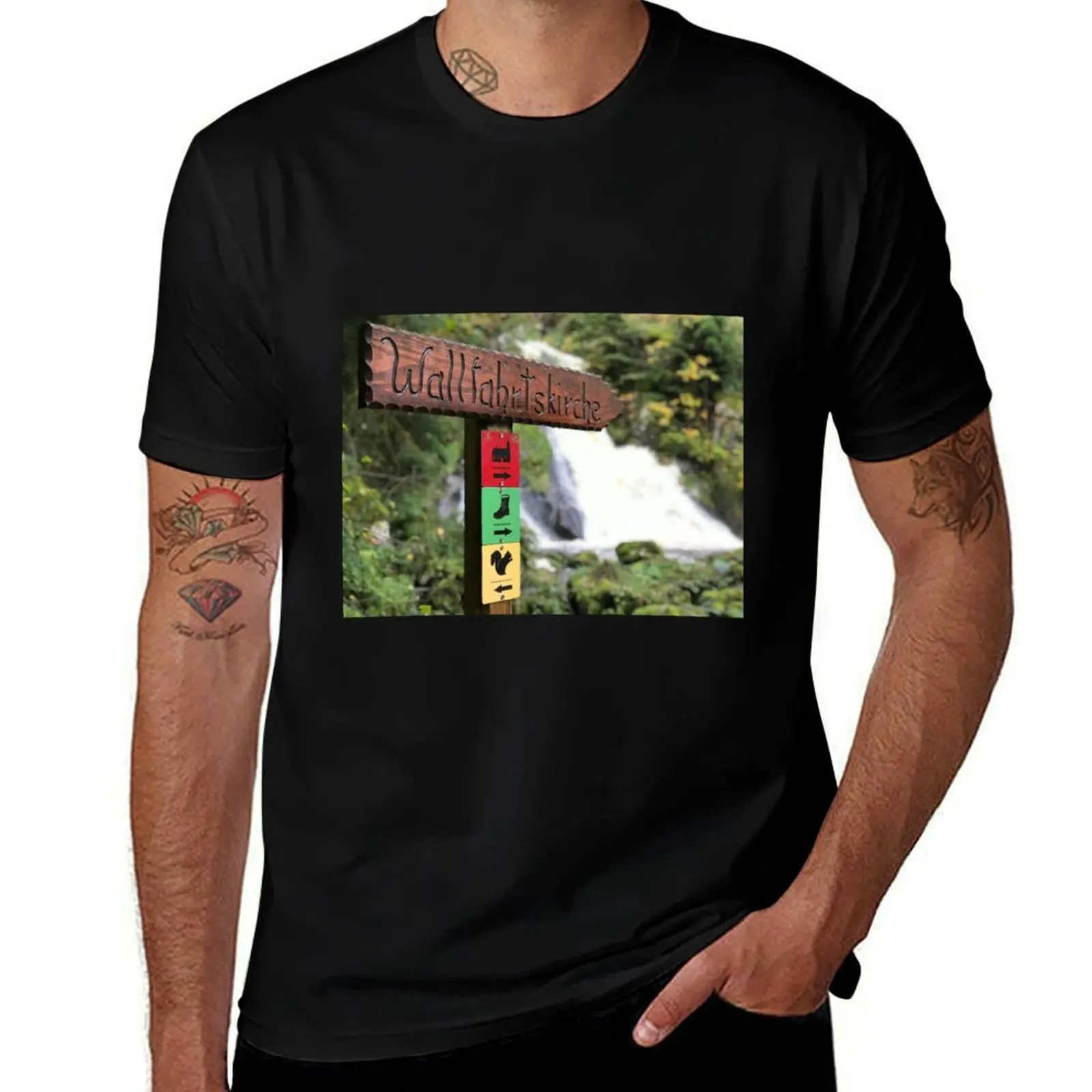 Signpost in Triberg Waterfalls in Germany T-Shirt Stylish Print Short Sleeve Tee T-Shirt