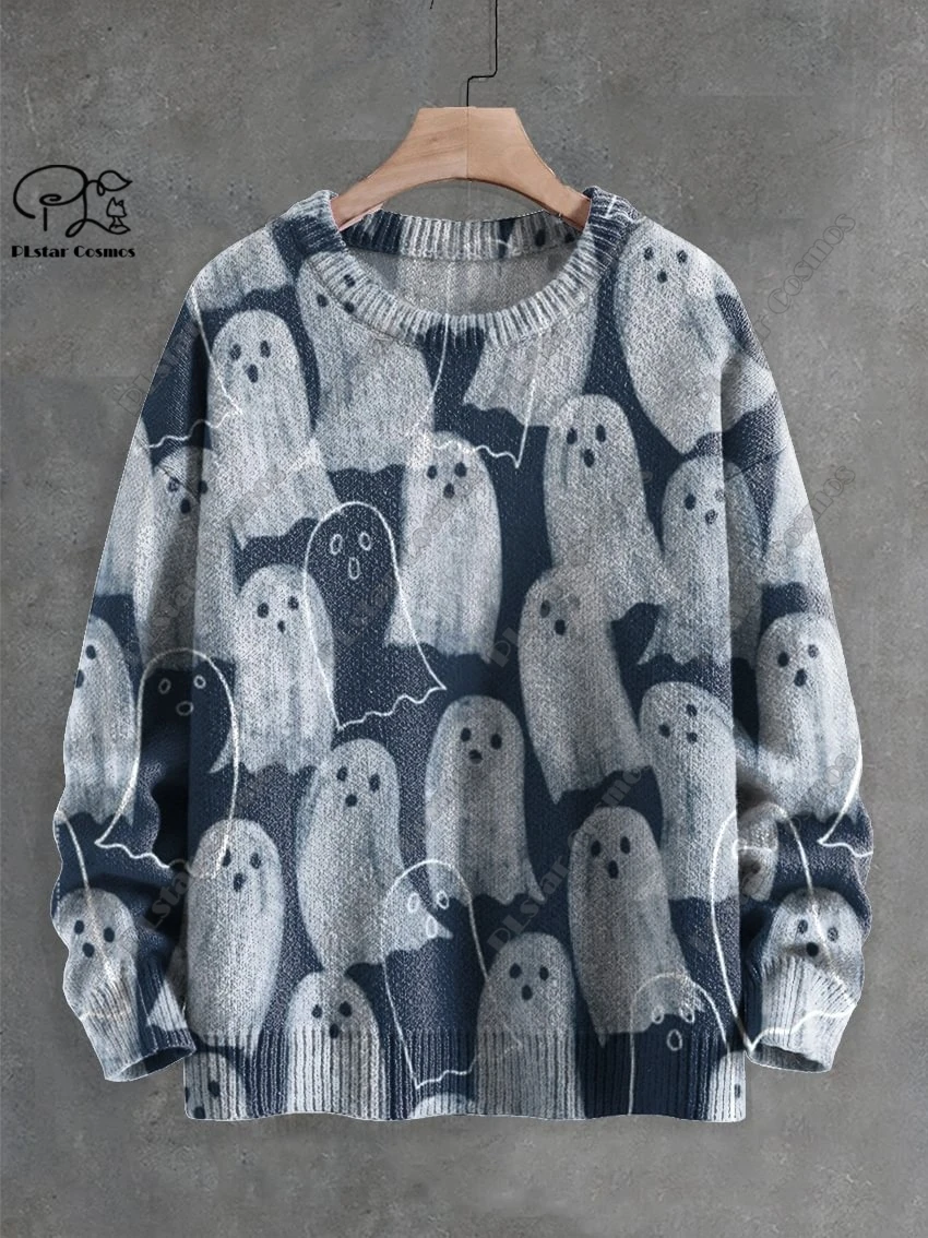 3D Printing Halloween Custom Series Horror Ghost Skull Witch Black Cat Pattern Ugly Sweater Street Casual Winter Sweatshirt W-9