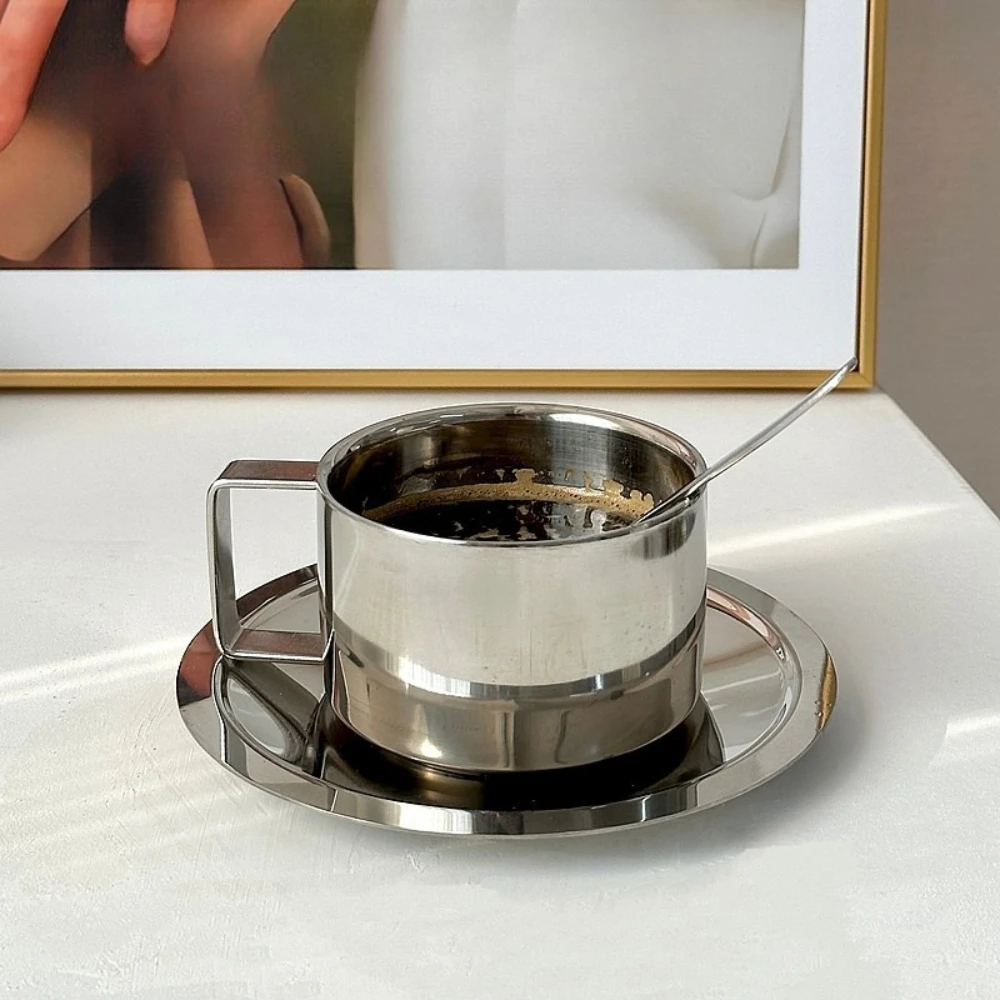1 مجموعة فنجان القهوة الأوروبي الفولاذ المقاوم للصدأ فنجان القهوة كوب شاي بعد الظهر مع ملعقة صحن لملحقات المطبخ مقهى