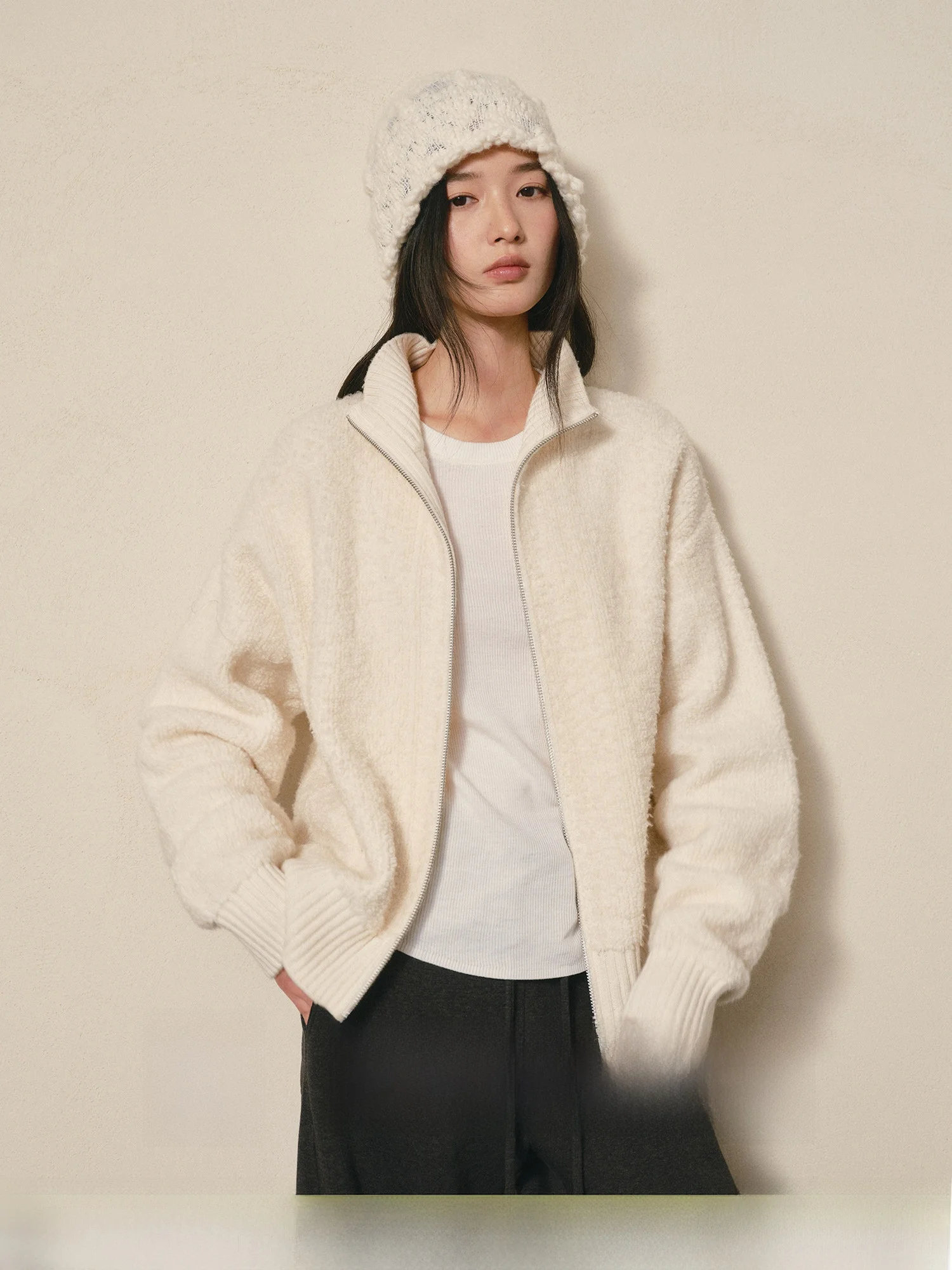 

TEASEL Soft Warm Philosophy Circle Knitwear Full Wool Lazy Loose Sweatirt Stand Collar Thiened Knitted Open Cardigan