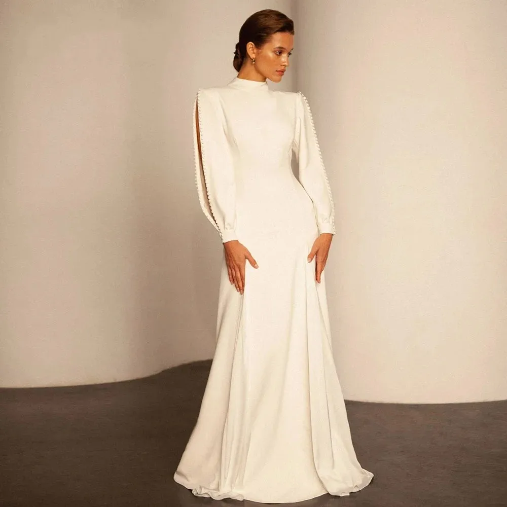 

Simple Elegant Wedding Dress 2025 High Collar Button Satin Draped Pleat Bridal Bride Gown Vestido de Noiva Robe Mariage