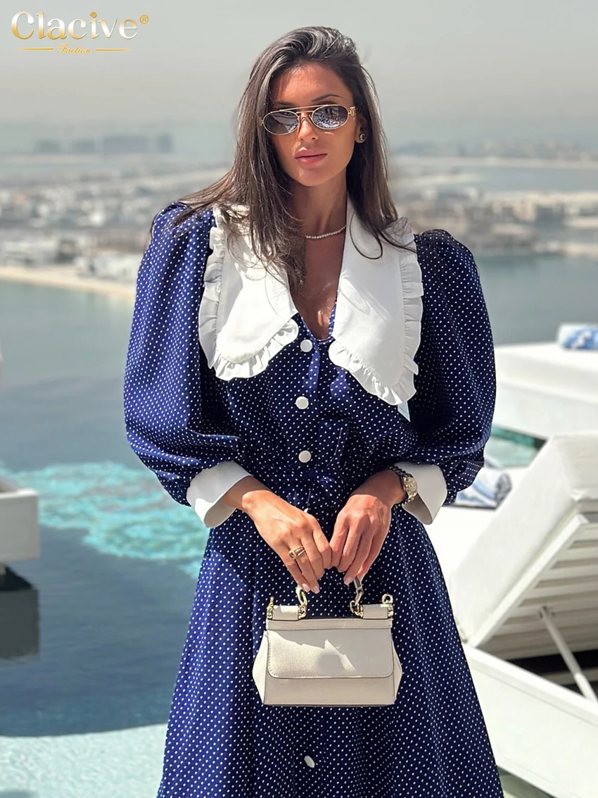 Clacive Fashion Loose Print Patchwork Women's Dress Casual Lapel Long Sleeve Ankle Length Dresses Elegant Classic Female Dress