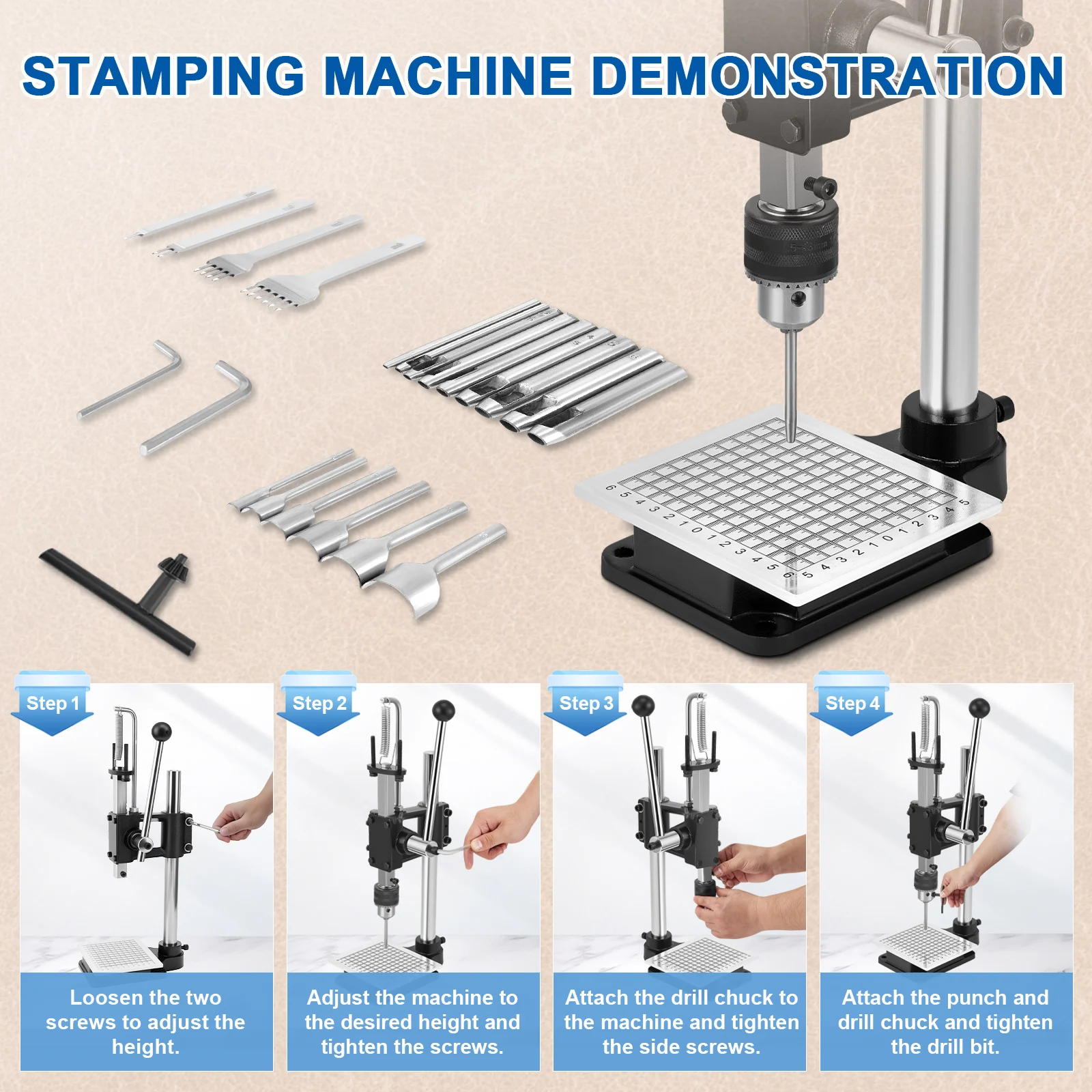 Manual Hand Press Leather Hole Puncher Height Adjustable Punching Machine DIY Leather Craft Hole Cutting Tool