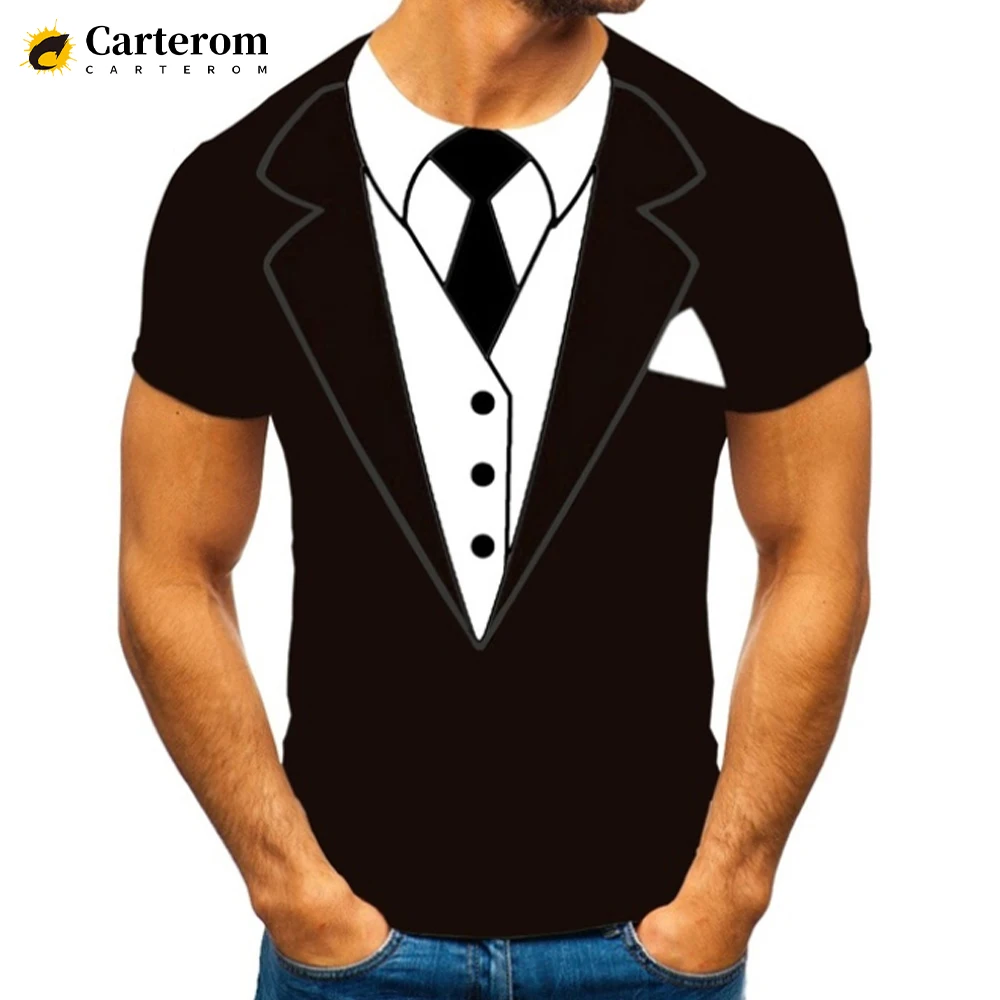 New Funny Fake Suit Bow Tie 3D T-shirt Men\'s Shirt Tuxedo Retro Tie Suit Printed T Shirt Fashion Casual Streetwear Short Sleeved