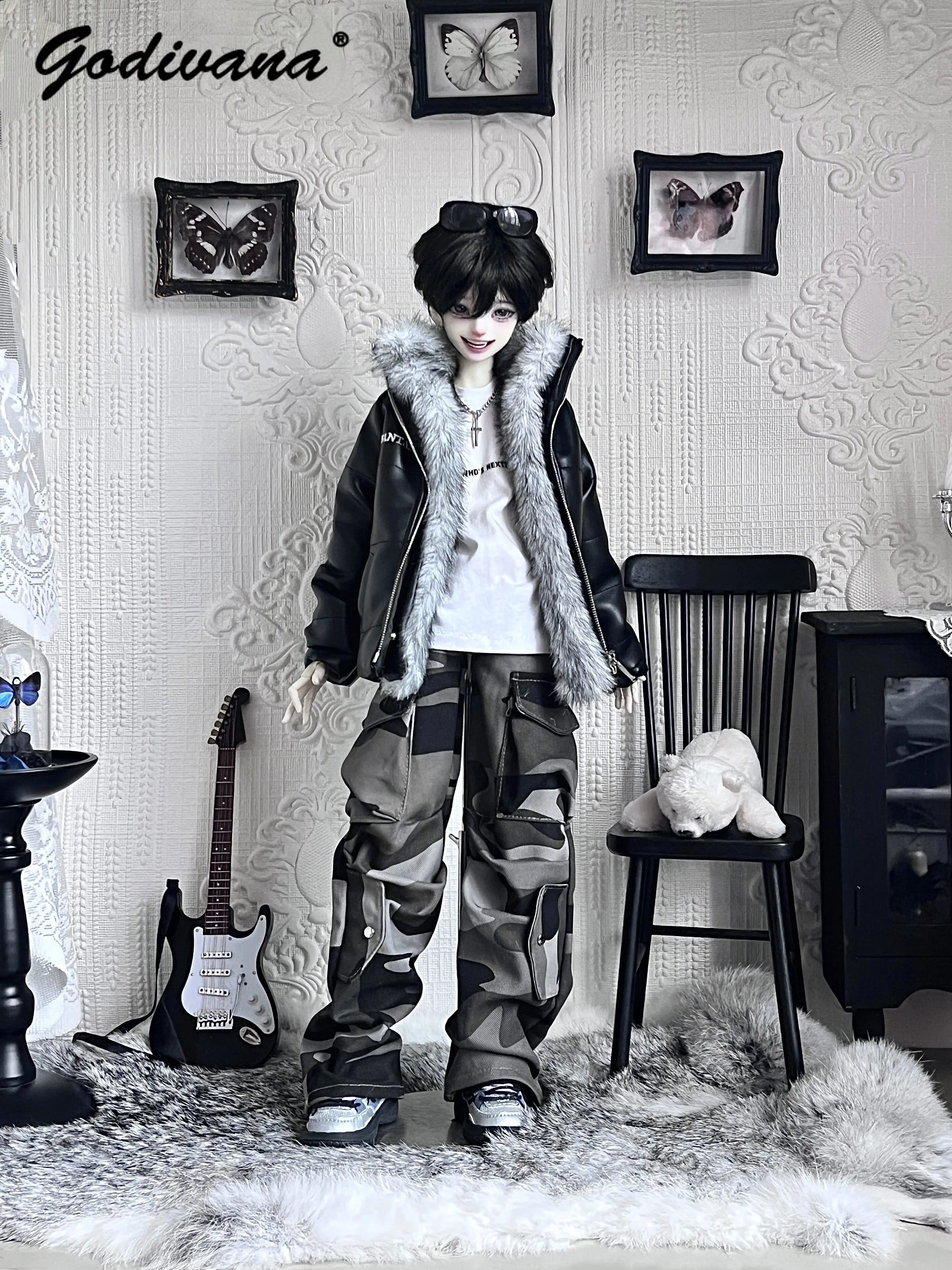 1/4 BJD Doll Outfit Double Furry Collar Leather Jacket Camo Cargo Pants Neutral Style Cool Streetwear Doll Clothes Set for BJD