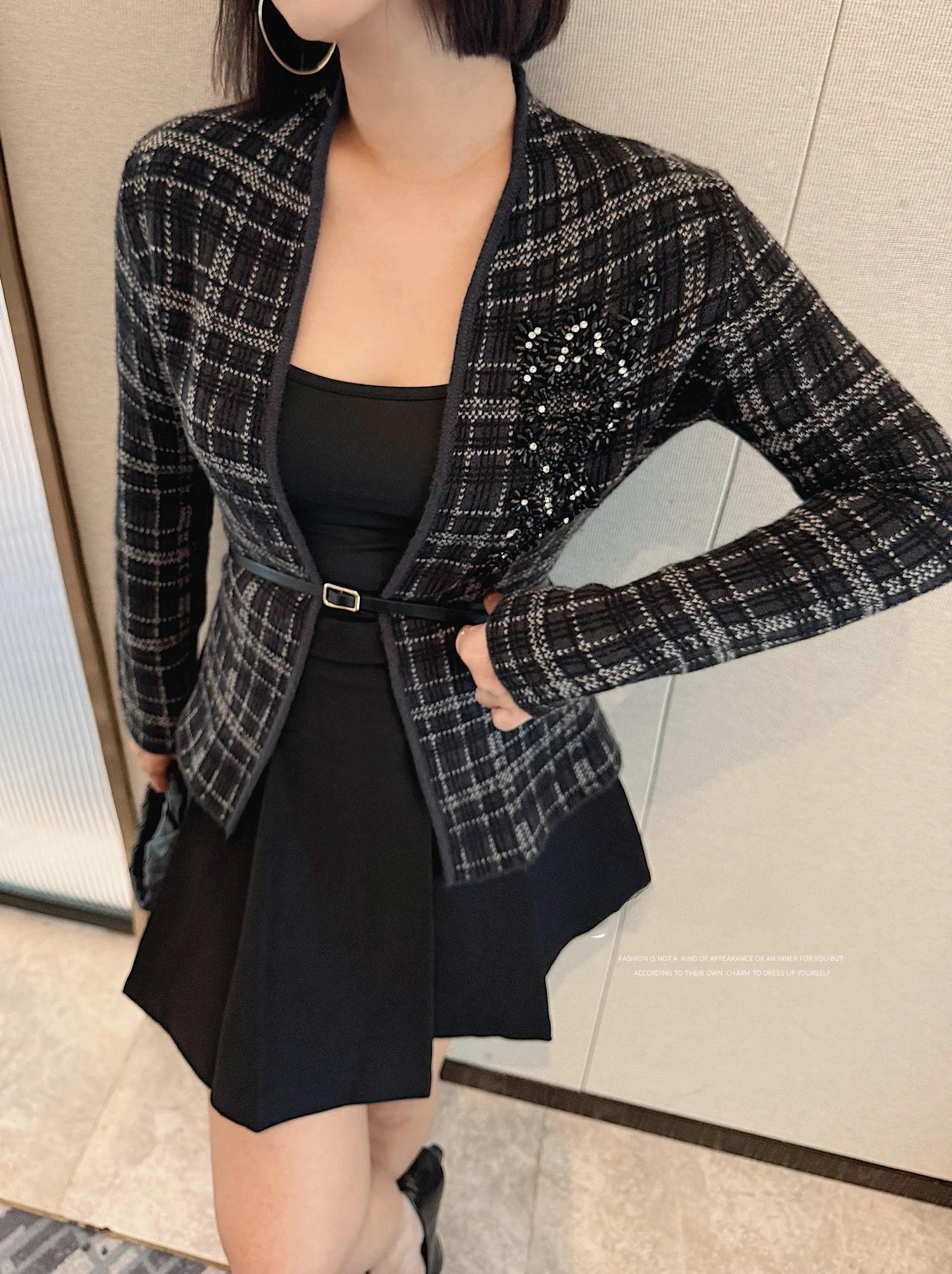 

Женский вязаный кардиган Ele Bla с открытым передом, приталенный крой, весенний дизайн, украшенный стразами, в корейском стиле, для повседневной носки