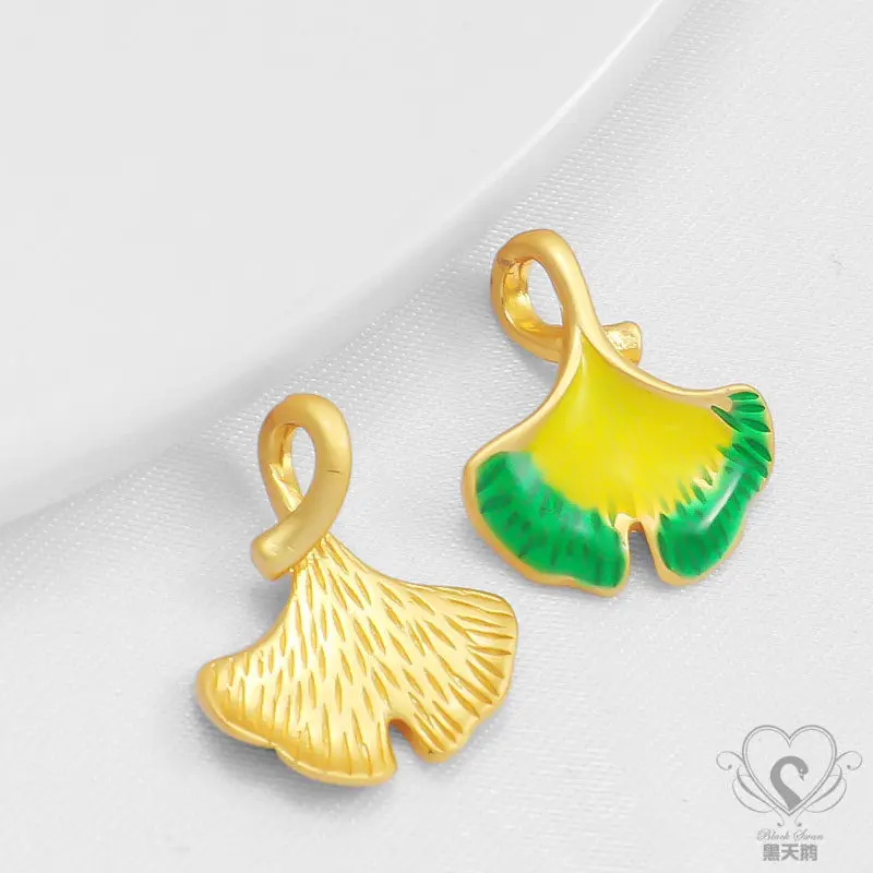 

14K Gold Plated Enamel Micro Pave CZ Gloss Shell Fan Apricot Leaf Charms DIY Necklace Jewelry Findings
