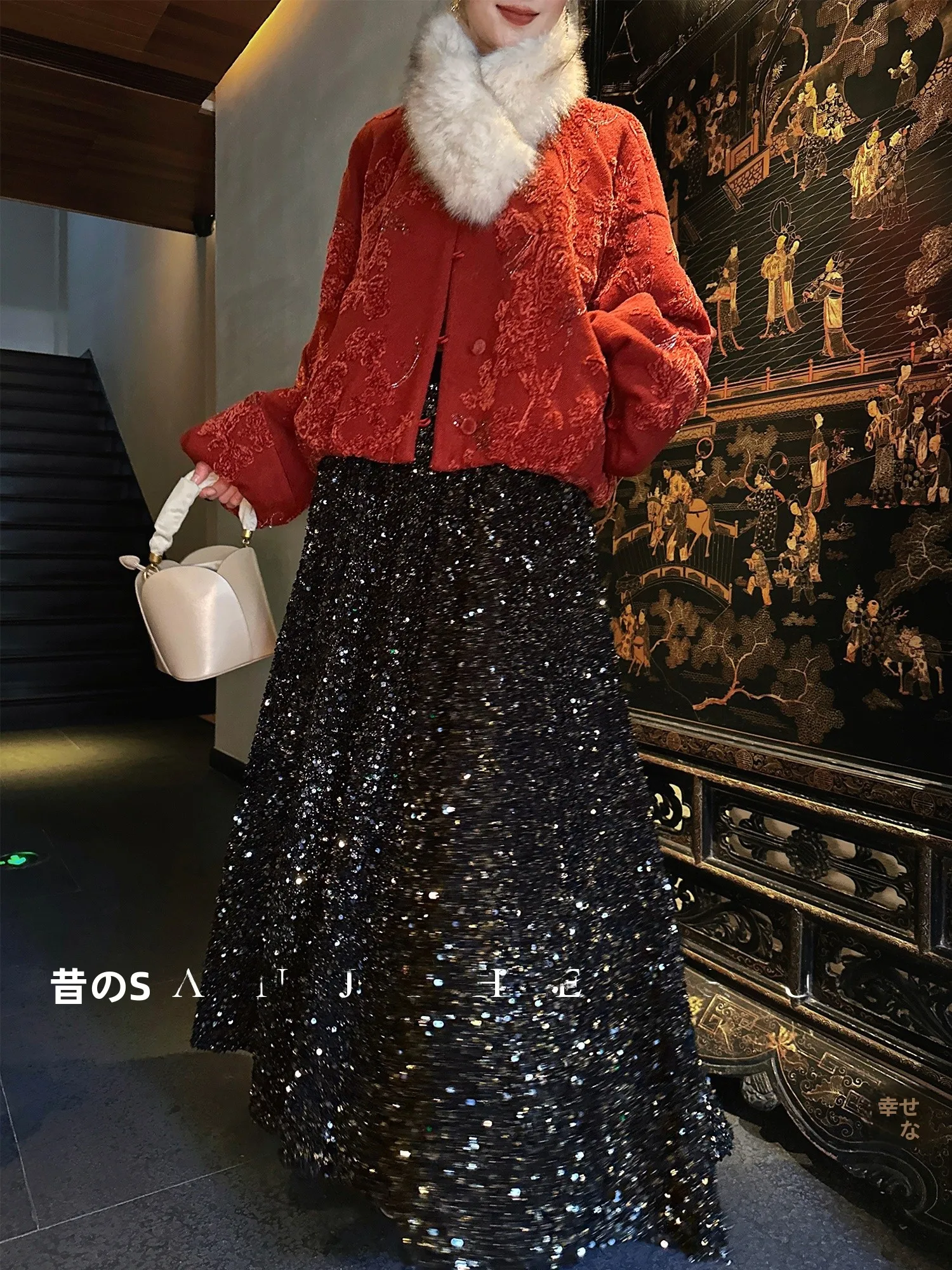 

Shanji Black Flower Gold Embossed Sequin Half Skirt 3D Double Layered Winter Women's Fashionable Skirt Standard Fit Korean Style