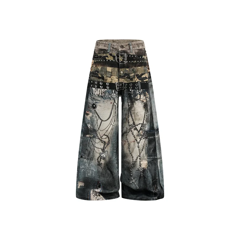 Men's Fashion Printed Jeans Pants High Streetwear 3D Painted Denim Trousers Loose Fit Vibe Style Hip Hop Jeans Vintage
