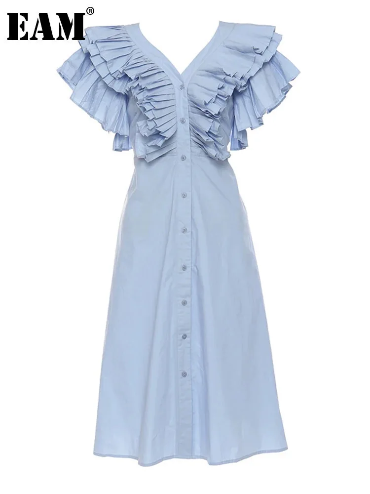 [EAM] Women Blue White Pleated Ruffles Elegant Long Shirt Dress New V-Neck Sleeveless Fashion Tide Spring Summer 2024 1DH5646