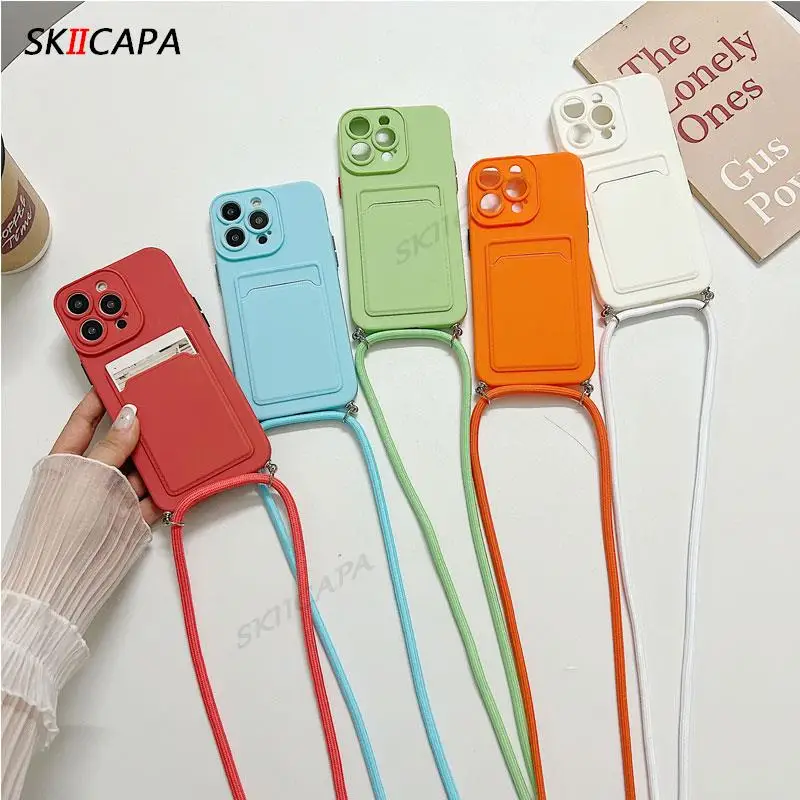 فتحة للبطاقات محفظة الحبل جراب هاتف ل oppo A98 A1 5G A58 A78 A17 A57 A77 A96 A95 Crossbody Nacklace سلسلة ماتي غطاء سيليكون