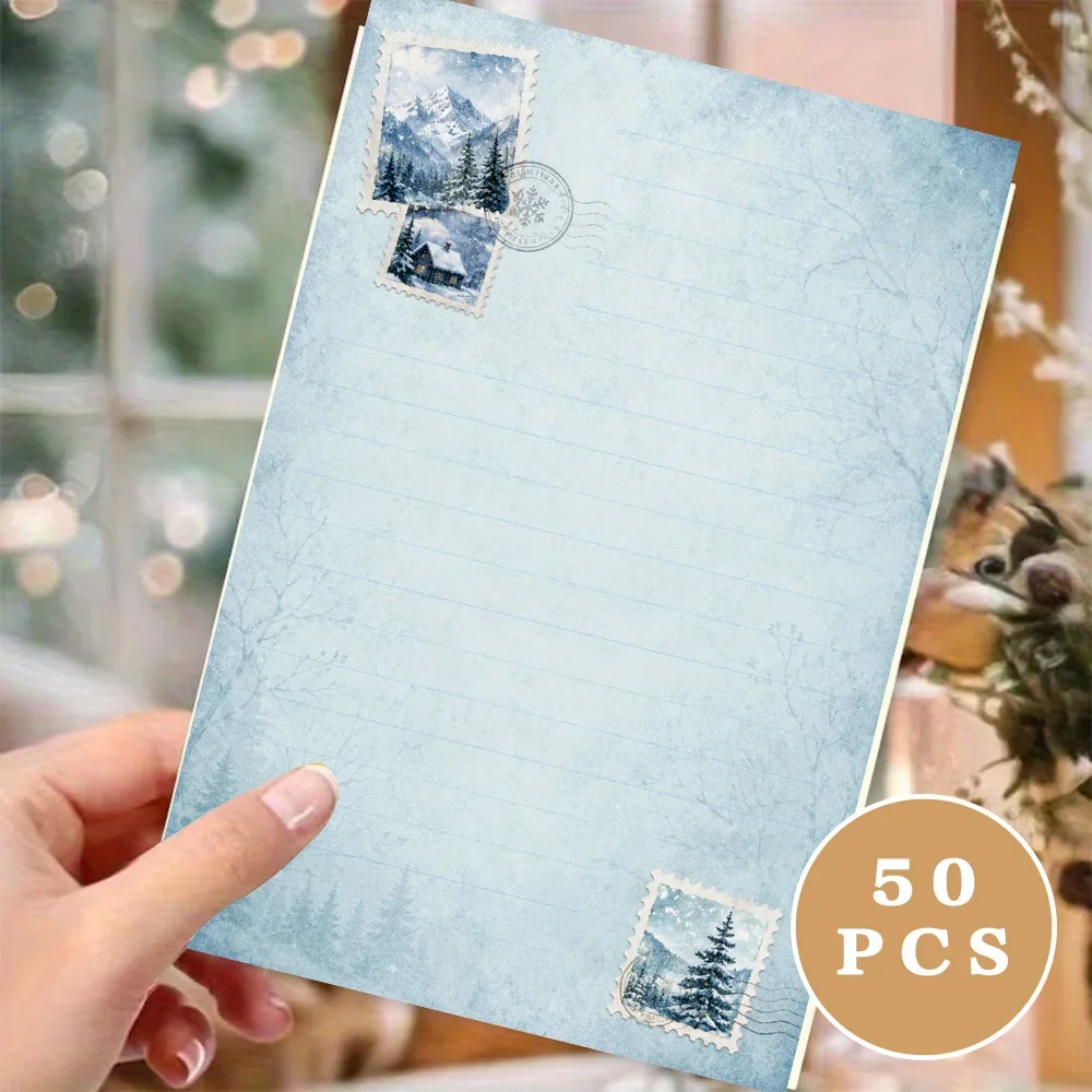 50 Sheets,Retro Distressed Winter Snow Stamp -themed Writing Paper, Lined, Glue-free, Perfect For Notebooks, Memos, And Stickers