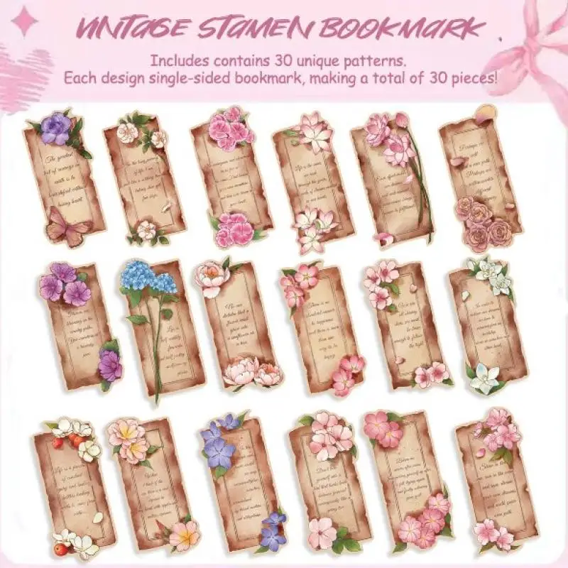 30PCS Vintage Flowers Bookmarks Aesthetic Flower Painting Bookmarks Paper Card Marking Bookmarks Book Lovers Page Markers Clip