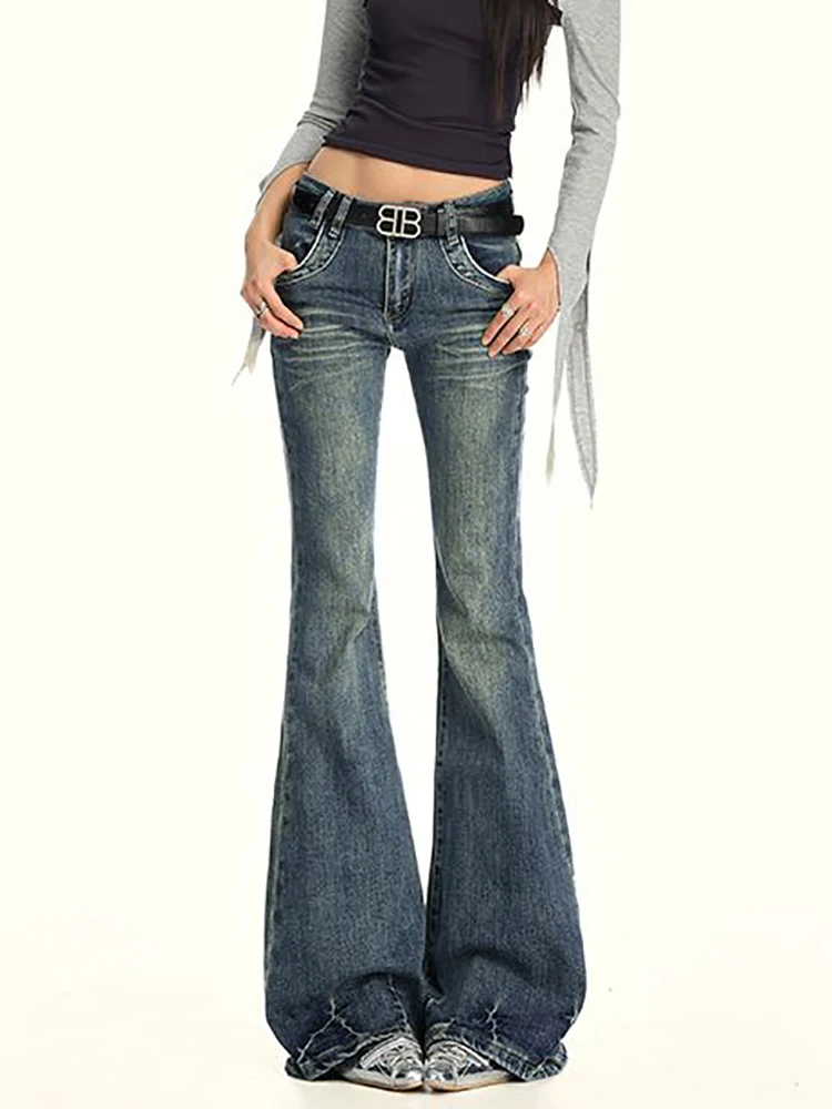 

Streetwear Vintage Jeans Y2K Clothes Womens Vintage Washed Blue Jeans High Rise Slim Fit Trousers