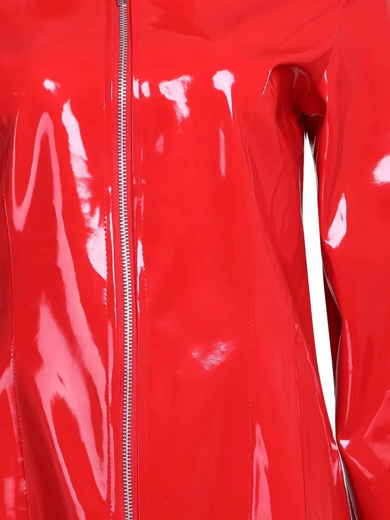 Damen Sexy Glänzender Wet-Look PU-Leder Langer Trenchcoat mit Hohem Kragen und Reißverschluss Vorne Clubwear Party Streetwear Kunstleder-Mantel Neu – Detail 11