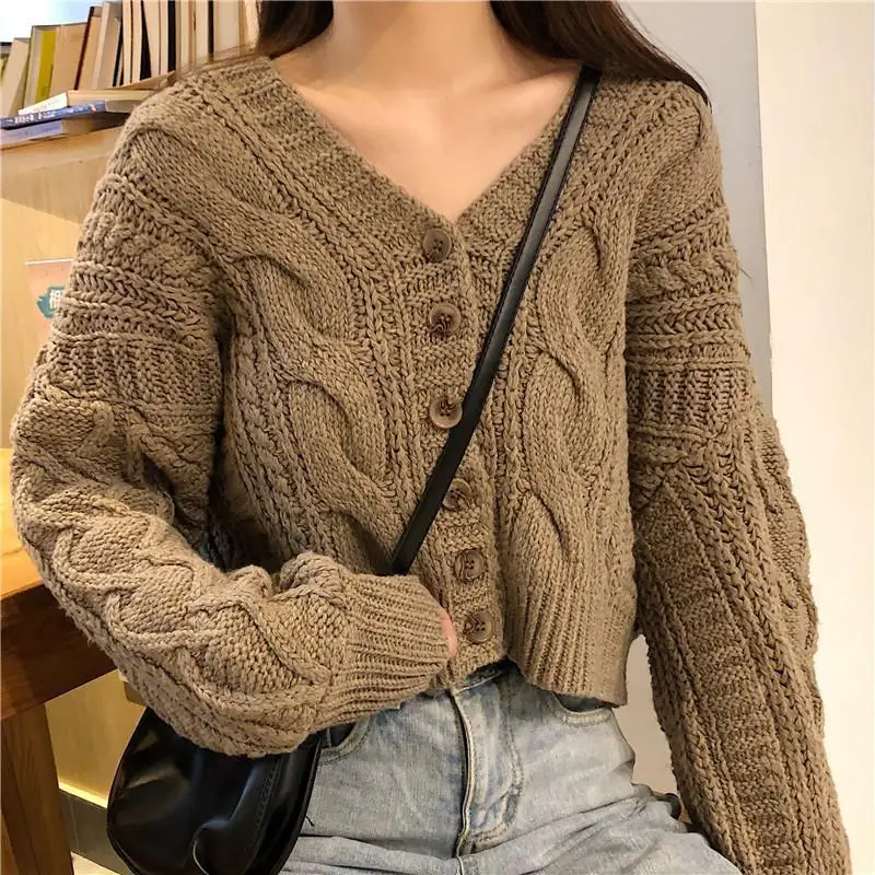 Short Cardigan Sweater Women Ins Retro Loose V-neck Button Knitted Cardigan Spring and Autumn French Lazy Style Solid Color Tops