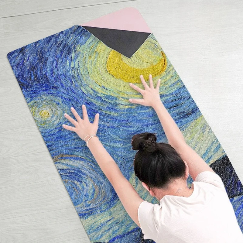 1.5mm Suede Natural Rubber Yoga Mat Towel Ultra Thin Oil Painting Print Non-Slip Foldable Portable Travel Fitness Mat