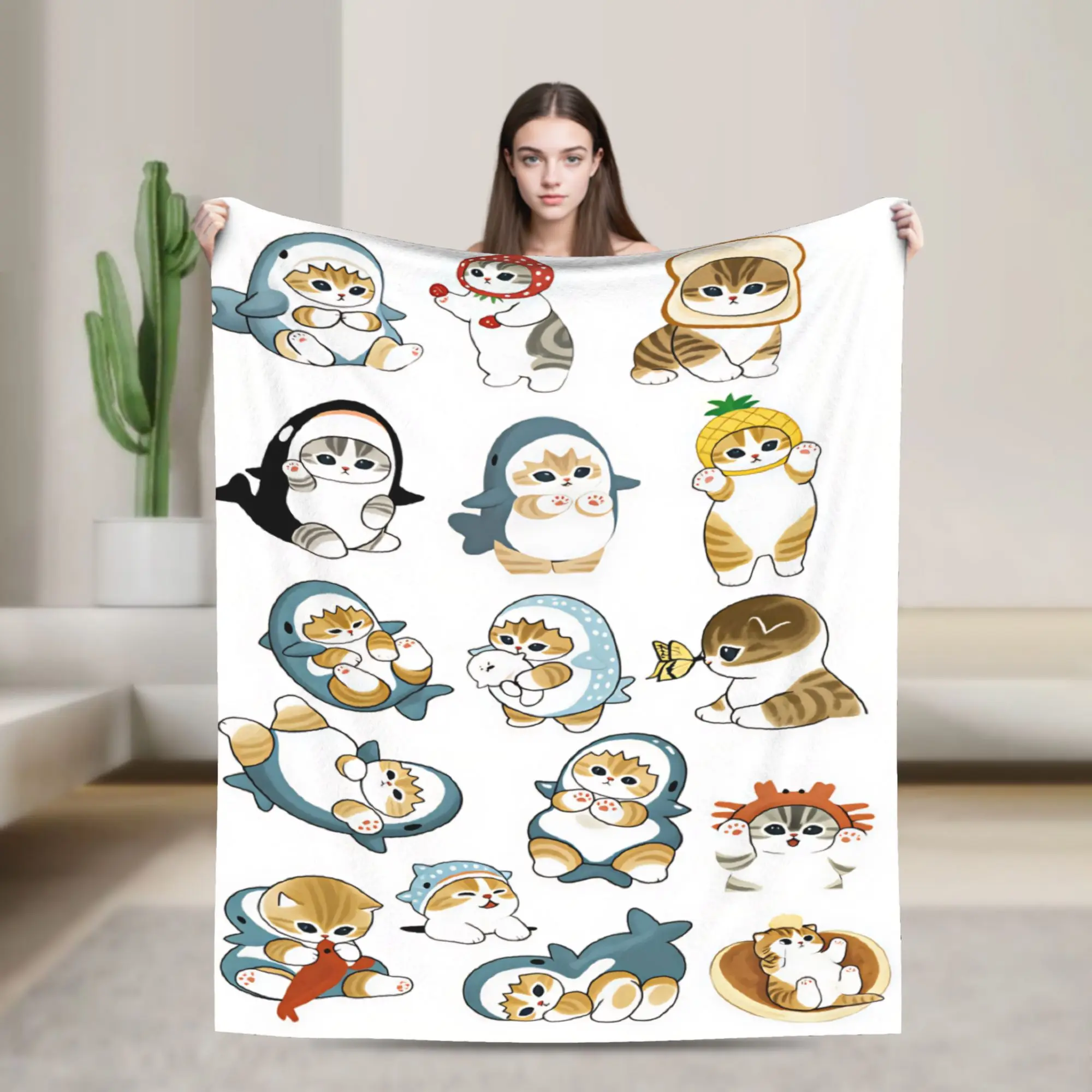 Mofusand Japanese Shark Cat  Soft Cozy Blanket  Casual Plane Travel Bedding Throws Home Decor Flannel Bedspread Sofa Bed Cover