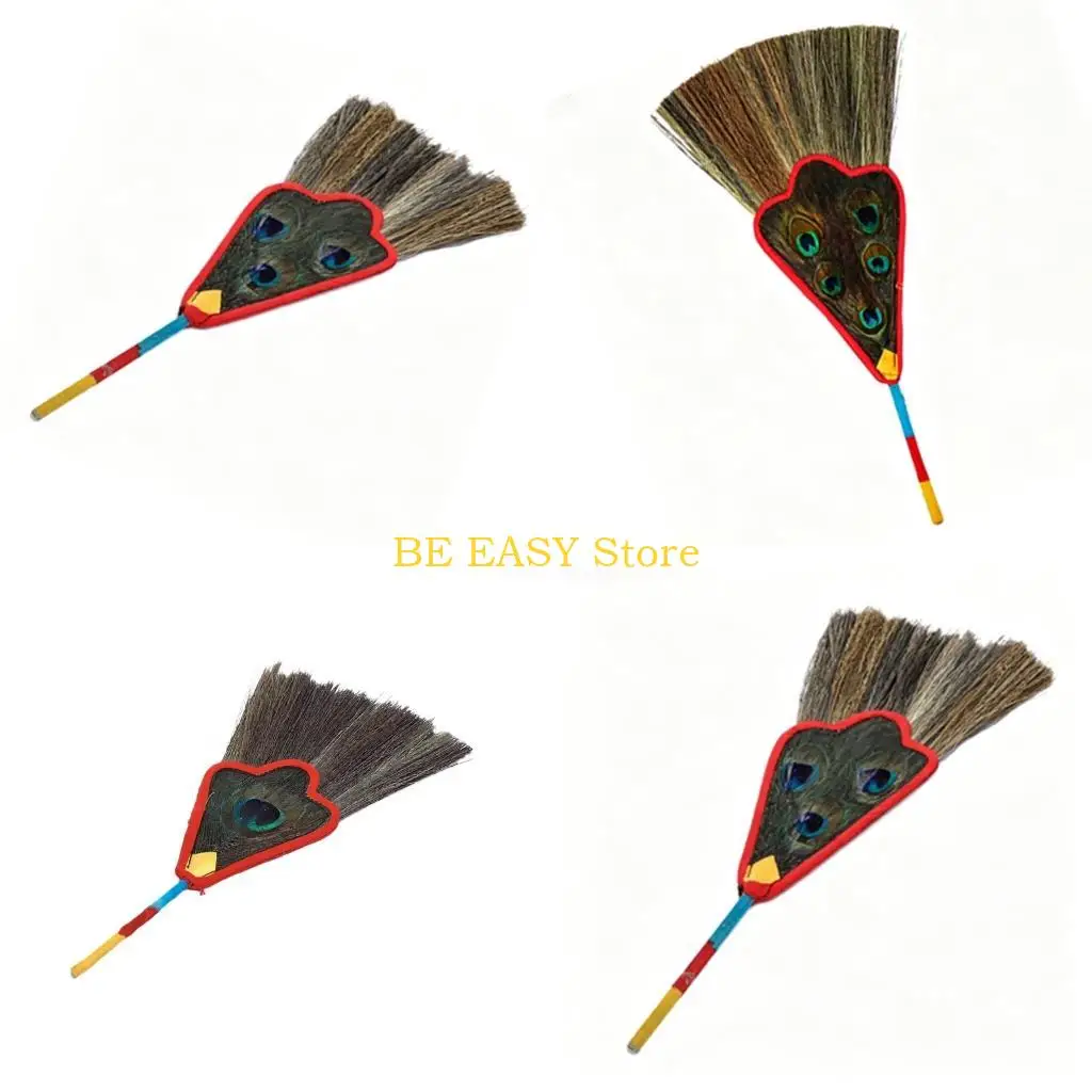 E28F Grass and Satins Craft Peacocks Hand Fan for Wamba Pot Decors in Tibetan Theme Gift