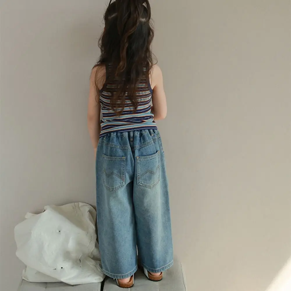 Urocze proste jeansy luźne z wysokim stanem dziecięce jeansy Y2K z szerokimi nogawkami spodnie kowbojskie dżinsowe spodnie dla dziewczynek streetwear
