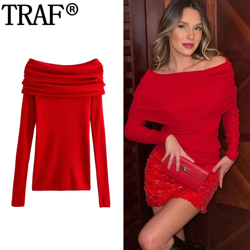 TRAF Off Shoulder Red Crop Top Woman Ruched Knit Top Autumn Winter Short Sweaters Women Pullover Long Sleeve Knitted Sweater