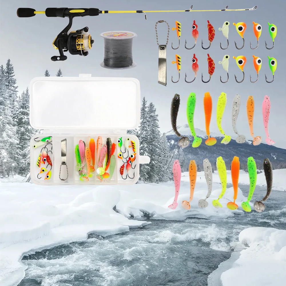 

Ice Fishing Rod Reel Combo Complete Kit EVA Non-slip Handle Carp Fishing Pole 27"Mini Winter Rods 5.2:1 Spinning Reel 2 Sections