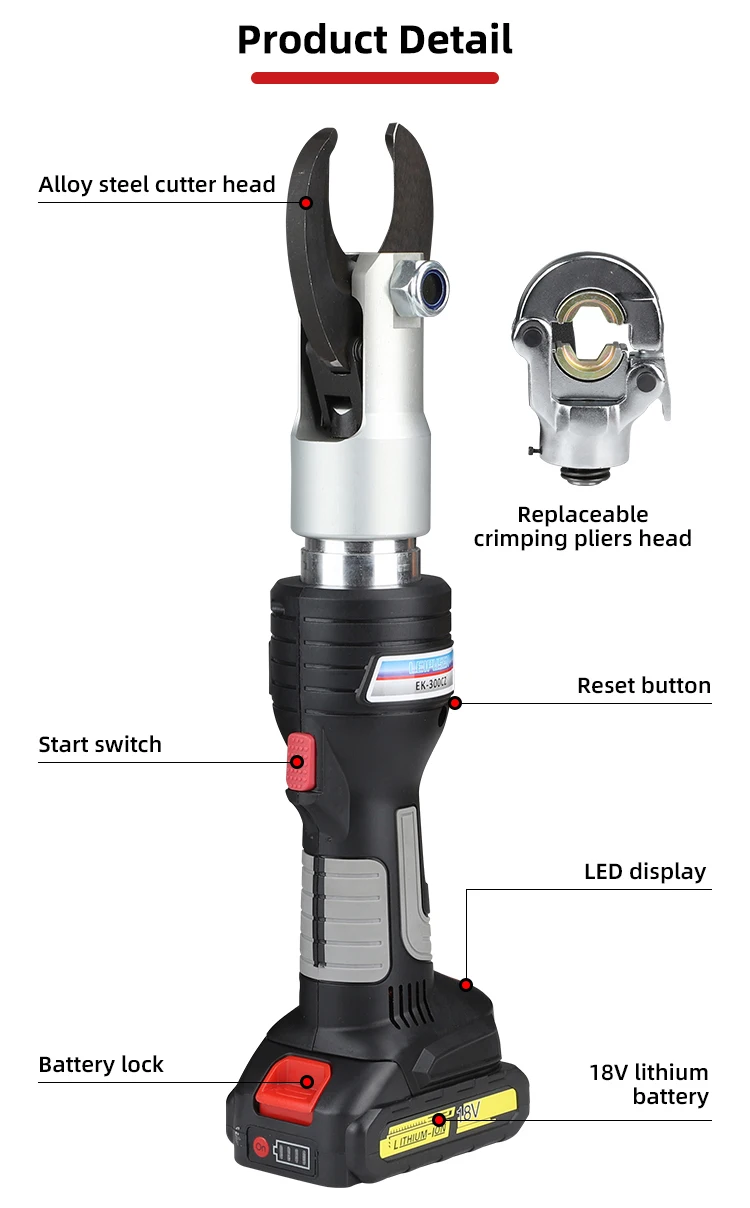 EK-300CZ/40C Battery-Powered Hydraulic Crimping Tool - Straight Handle Cable Crimper Crimping and Cutting Dual-Function Tool