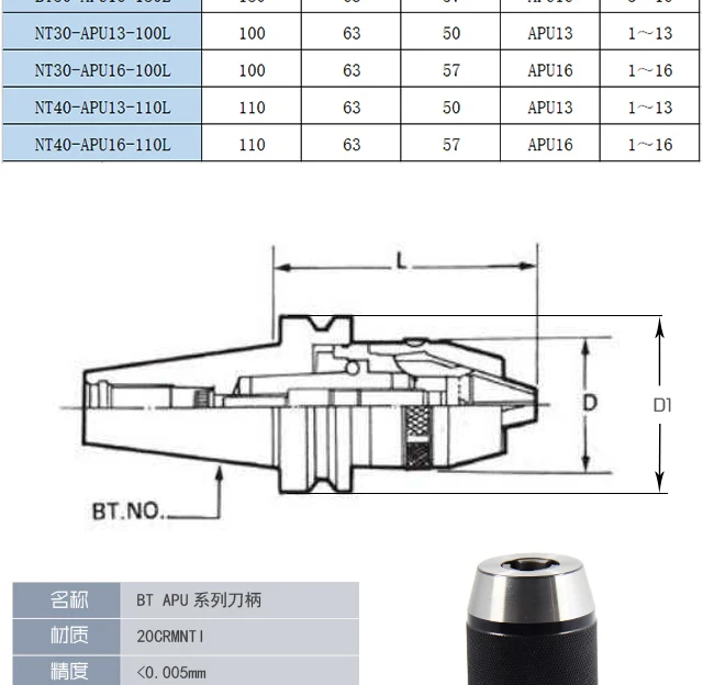 new  High precision numerical control shank integrated self-tightening drill chuck BT30BT4050 machining center shank APU13APU16