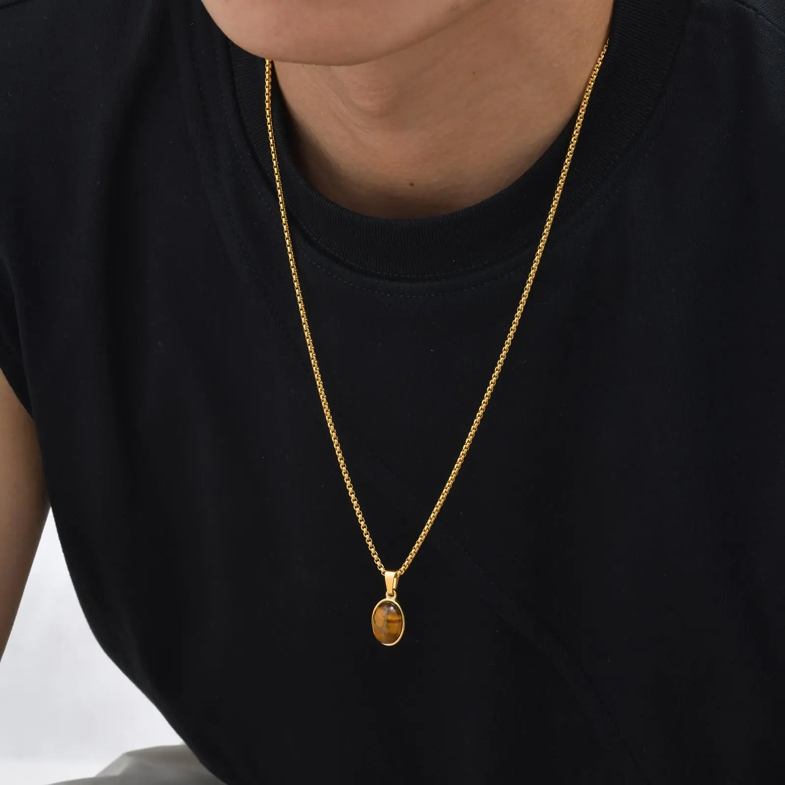 Herren Mode Minimalistische Halskette mit Natürlichem Tigeraugenstein, Edelstahl Geometrischer Anhänger, Punk Vintage Schmuck – Detail 4