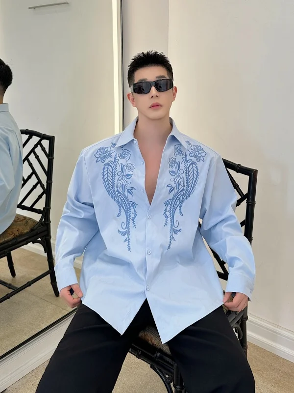 Kemeja Pria Bordir Kerah Longgar Model 2025, Serbaguna, Mewah, Stylish, Nyaman, Elegan, Lengan Panjang, Atasan Keren