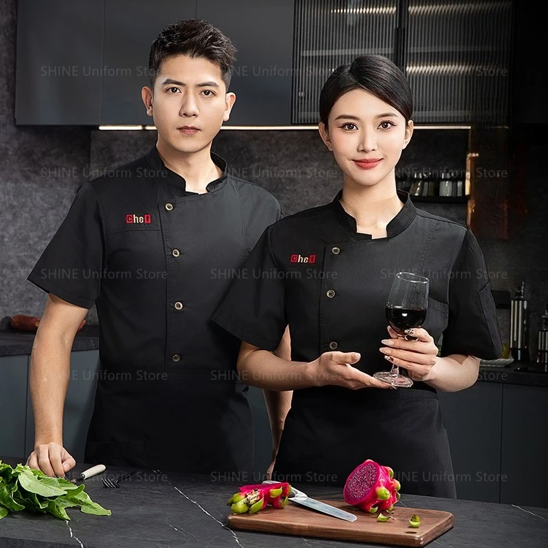 夏用シェフジャケットエプロン帽子半袖シェフユニフォームメンズブラックシェフコートロゴレストランホテルキッチン調理服