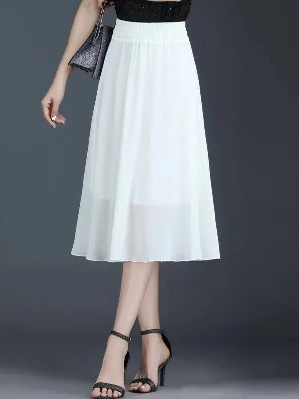 

White Chiffon A-Line Skirt Women's Summer High Waist Cover Hip Gauze Slimming Drapey Versatile Midi Skirt Fashionable