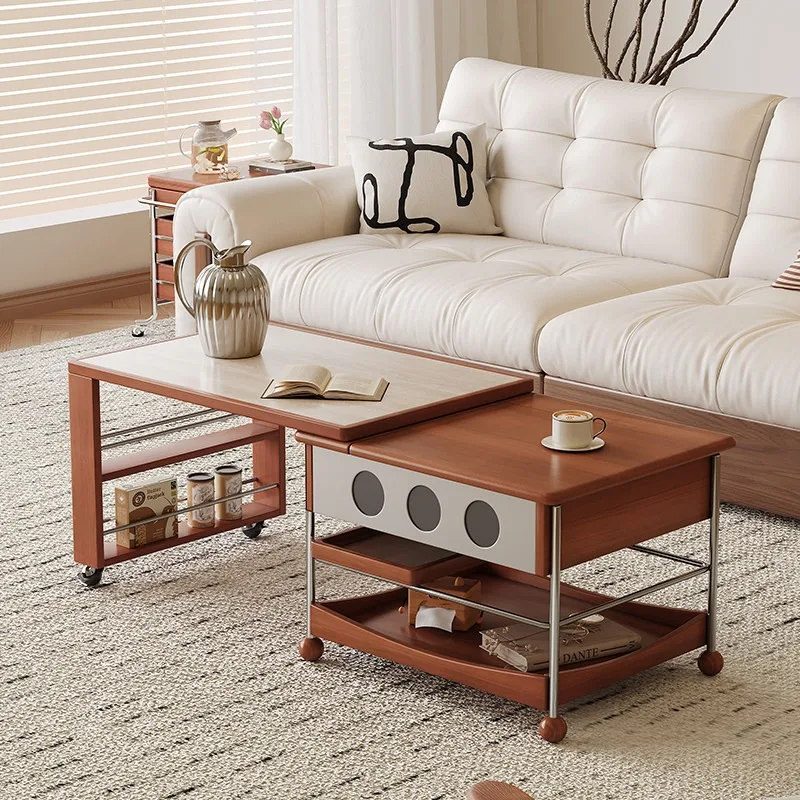 Movable coffee table, all boxwood solid wood telescopic lifting edge few small apartment trolley tea table
