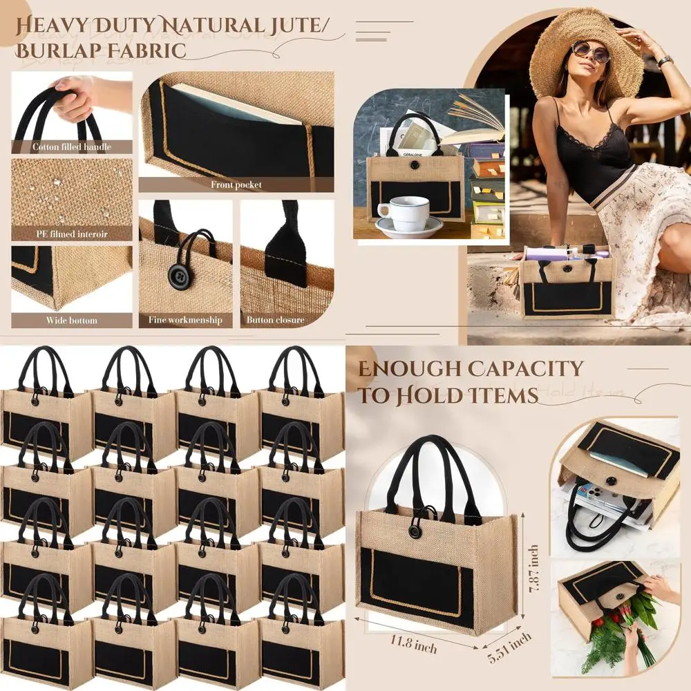 

16 Pack Jute Burlap Tote Bags, Reusable Beach Bags with Handle, 11.8 x 7.87 x 5.5 (Black, Classic)