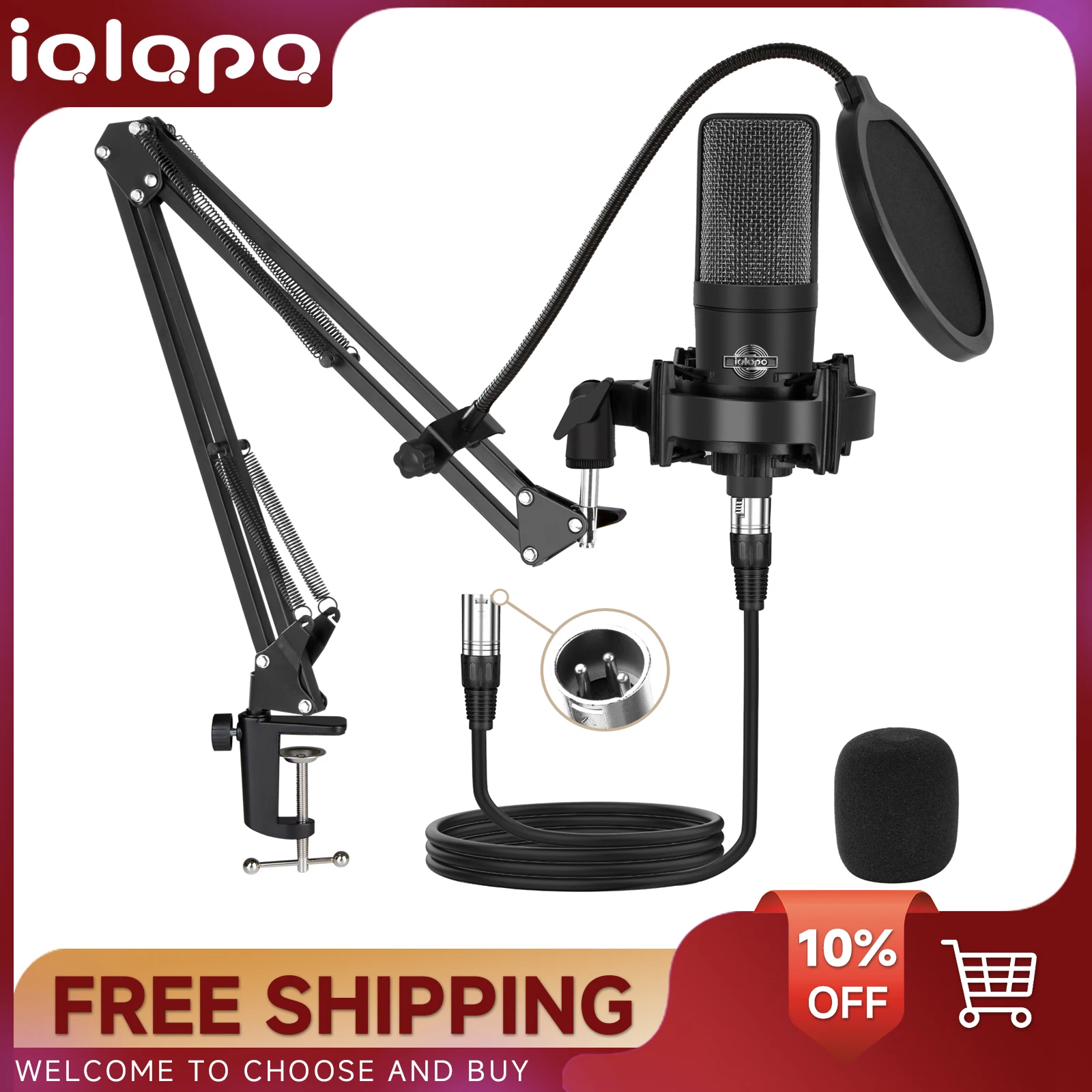 

Condenser Microphone XLR Cardioid Streaming Recording Mic With Boom Arm Stand For Gaming Podcasting Singing ASMR