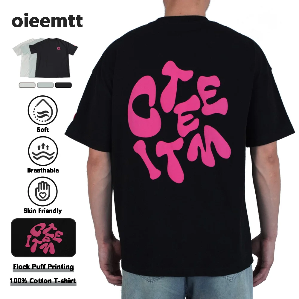 

Letter Flock Screen Printing 100% Cotton Breathable Soft Oversize T-shirt Short Sleeve Top Unisex Graphic Summer Loose Tee