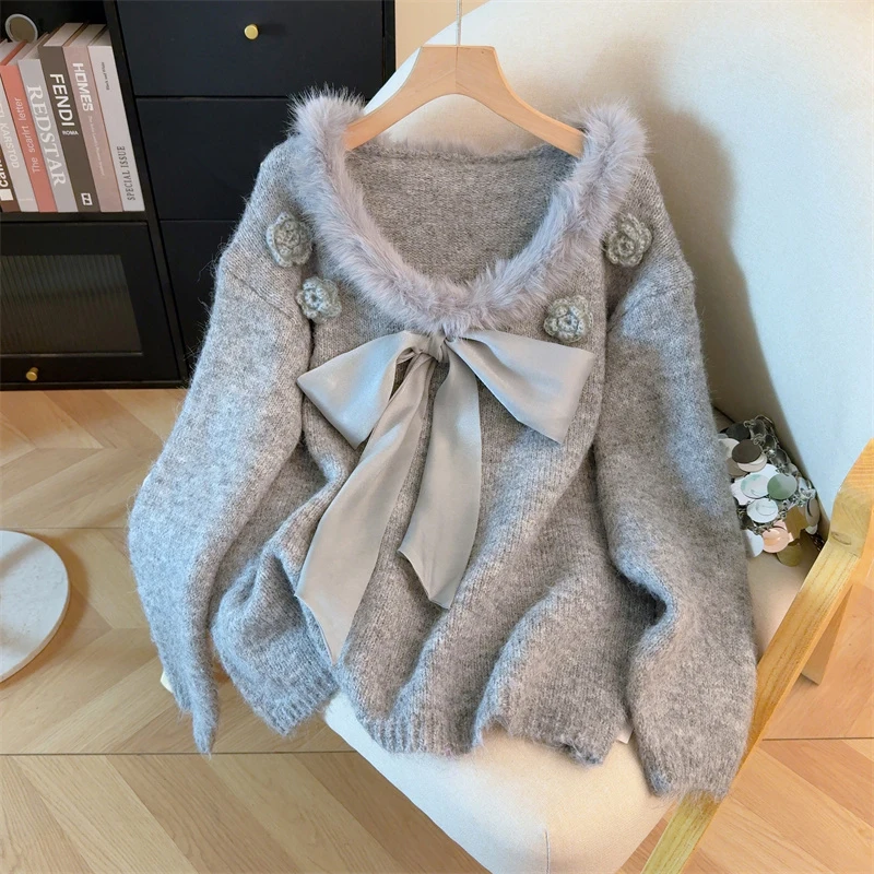 

Уличная одежда с бантом, красный свитер, женский модный вязаный пуловер из искусственного меха с цветочным принтом, корейский трикотаж с v-образным вырезом, зимние джемперы, новинка